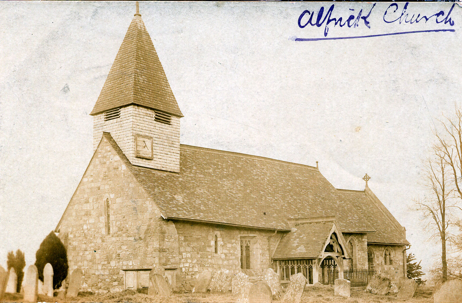 An old photograph of Alfrick church